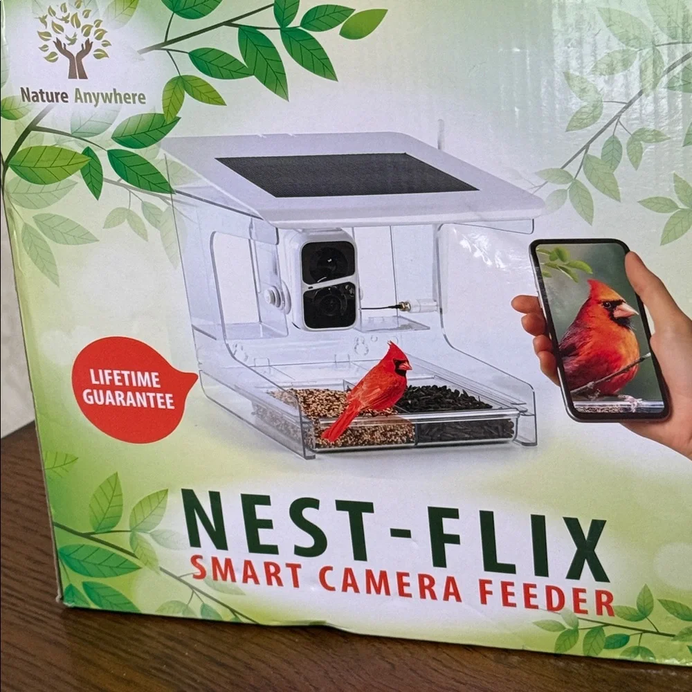 Bird Feeder Smart Camera Nest-Flix/Clear/Charging panel on top. Nature Anywhere.